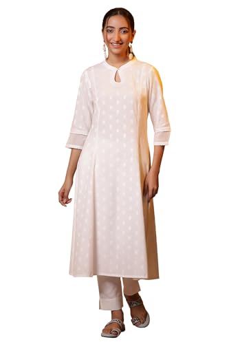 Image of Aurelia White Floral Printed Printed Cotton-Rayon Blend Regular Kurta for Women