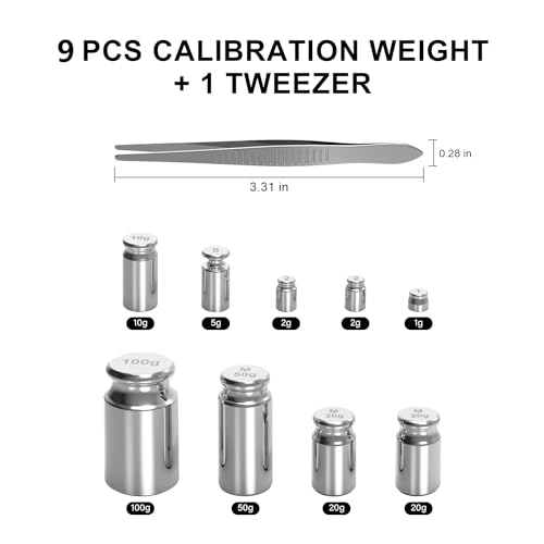 UNIWEIGH Kalibrierungsgewichte 210g,9 PCS Hochpräzisionswaage Kalibrierungsgewichts-Kit 1g 2g 5g 10g 20g 50g 100g mit rostfreier Pinzette für Digitalwaage Gramm, Mg-Waage, Laborwaage