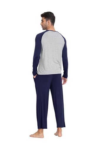 MoFiz Mens Pajama Sets Comfy Long Sleeve Sleepwear Top Solid Pyjama Pants with Pocket 2 Piece Loungewear PJs Sets for Men3