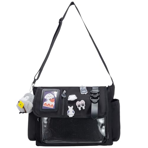 Kawaii Ita Bag for Women with Pin and Plush Penguin Aesthetic Crossbody Bag With Anime Pins Display Y2K Style Purse Black