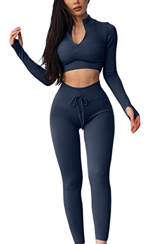 Photo 1 of QINSEN Workout Sets for Women 2 Piece Seamless Long Sleeve Crop Tops Ribbed High Waist Leggings