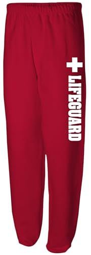 Lifeguard + Cross Side Print Sweatpants | Beach Rescue Water Safety Patrol Athletic Pants for Men & Women, Red - M