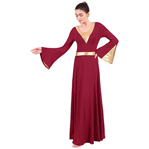 image for OwlFay Women Metallic Color Block Liturgical Praise Dance Dress Bell L