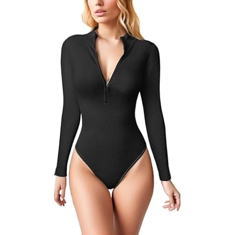 HSAJS Women's Ribbed Zipper Bodysuit Cover