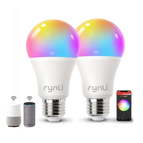 rynli E27 Smart Bulb Wi-Fi Alexa Light Bulbs, 9W 900LM, Colour Changing, Dimmable, Energy Efficient, Smart Bulbs That Work with Alexa and Google Home, No Hub Required (2 Pack)