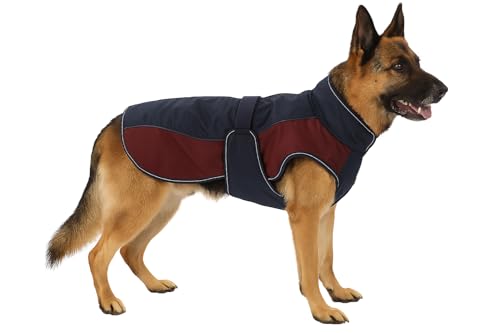 Flamingo Hundemantel Winter – Eisberg Dunkelblau & Bordeaux – 70cm – Polyester – wasserabweisend – reflektierende Streifen – Bauchriemen mit Klettverschluss – Geschirröffnung