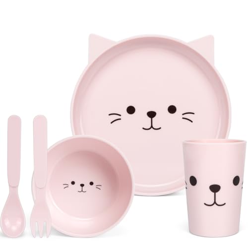 PHEENOWL Kids Dinnerware Set - Ovenproof Tableware Set 5-Piece Cat-Themed Includes Plate Bowl Cup & Utensils | BPA-Free Microwave & Dishwasher Safe | Ideal Gift for Boys (Kitten)