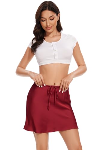 Dxyufazhe Women's Casual Drawstring Satin Mini Skater Skirt High Waisted Short Pleated Skirts4