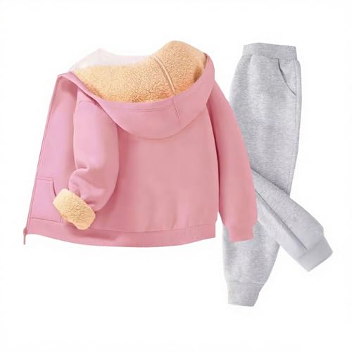 Conjunto de 2 piezas con capucha y cremallera con forro polar para niños y niñas, pantalones gruesos con capucha, pantalones deportivos acolchados para invierno, ropa deportiva lisa, rosa claro, 8-9