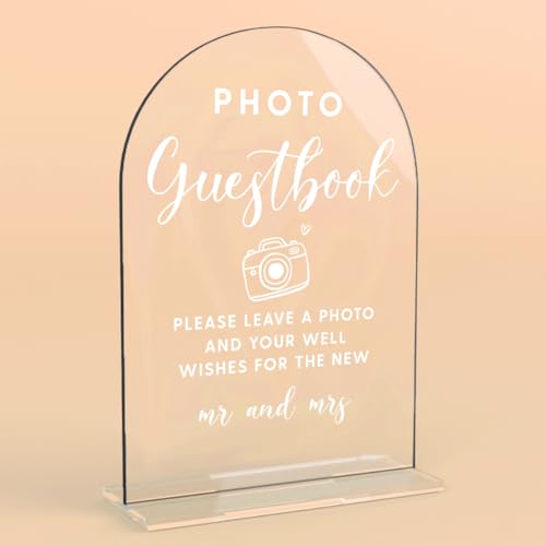 Acrylic Wedding Signs, Photo Guestbook Signs for Marriage Reception, Bridal Shower Decorations, Modern Arched Round Top Acrylic Table Top Sign with Holder for Wedding Party Dinner (Clear)
