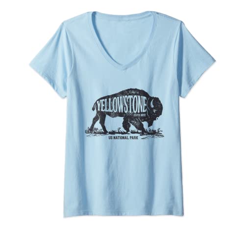 Donna Yellowstone US National Park Bison Buffalo Vintage Men Women Maglietta con Collo a V