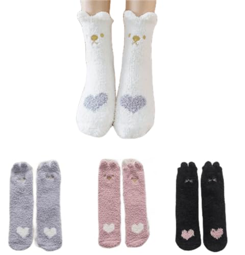 NeVka Adorable Cat Socks for Girls Fluffy & Fuzzy Thickening Breathable Warm Cozy Sweet Design For Gift Of 3 Pairs