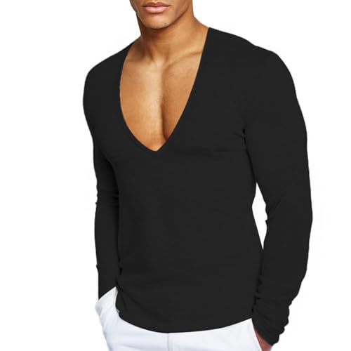 Mens Deep V Neck T-Shirts Long Sleeve Thermal Undershirt Stretch Underwear Muscle Fit Low Cut Workout Slim Fit Top