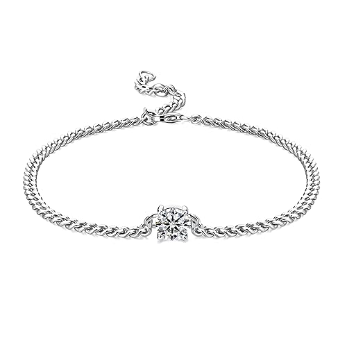 Sterling Silver Cuban Moissanite Bracelet: White Gold Plated 925 Silver Cuban Chain Sparkling VVS1 Solitaire Precious Stylish Birthday Valentine's Day Christmas Wedding Brides Jewelry Gift