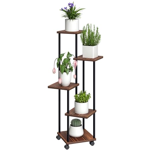 Outsunny Estantería para Plantas de 5 Niveles Soporte para Plantas de Madera y Acero con 5 Estantes Cuadradas y 4 Ruedas Soporte para Macetas para Interior y Exterior 59x59x110 cm Carbonizado