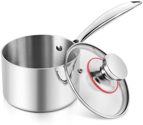 E-far 1-Quart Saucepan, Tri-Ply Stainless Steel Sauce Pan with Glass Lid, Small Cooking Induction Pot Compatible with All Cooktops, Non Toxic, Oven & Dishwasher Safe