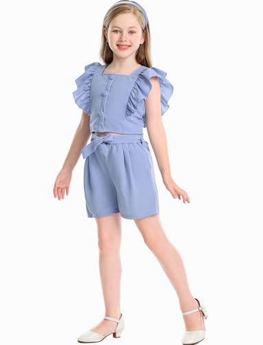 Image of Toddler Girls Two Piece Square Neck with Button Ruffled Sleeveless Top and Bow Tie Waistband Short Sets