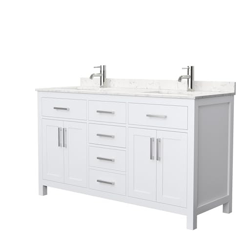 Beckett 60 Inch Double Bathroom Vanity in White, Carrara Cultured Marble Countertop, Undermount Square Sinks, No Mirror
