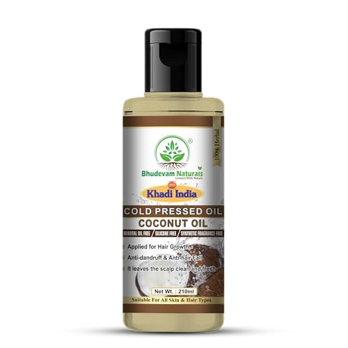 Image of Bhudevam Naturals Khadi Cold Pressed Pure Coconut Oil For Skin & Hair | Helps to Prevents Hairfall | Moisturizing and Nourishing For All Hair And Skin Types (210ml)