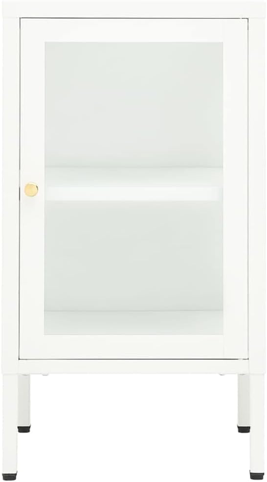 Minimalist Sideboard with Adjustable Shelves, White Powder-Coated Steel and Tempered Glass for Modern Living Room Office Storage