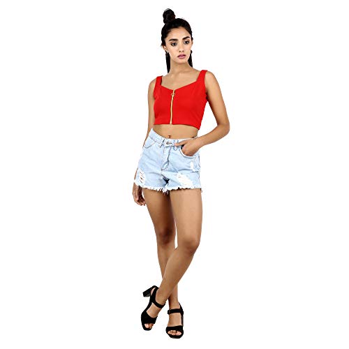 Image of POPWINGS Solid Casual Sleeveless Regular-Fit Crop Tops for Women with Front Chain| Crop Tops for Women Stylish Western Summer Wear