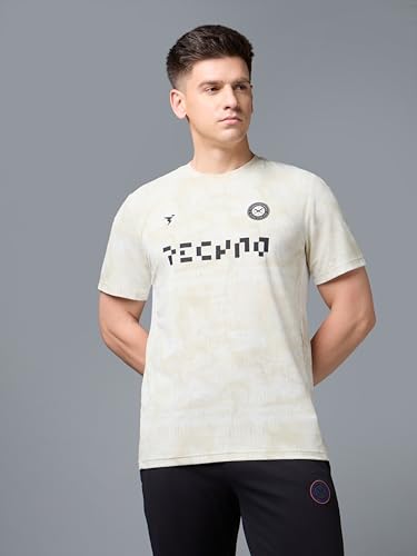Image of TECHNOSPORT Men Cricket Fan T-Shirt IPL Printed Casual Sportswear Tee Typography Print Slim Fit Round Neck Short Sleeve Polyester Sports Tshirt for MenIPL MensJersey