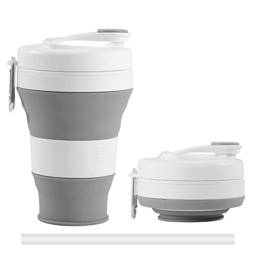 YEEWORIG 600 ml Collapsible Travel Cup with Lid & Straw, 20.3 oz Foldable Coffee Mug, Leak-Proof Portable Camping Cup/Silicone Water Bottle for Hot & Cold Drinks (Grey)