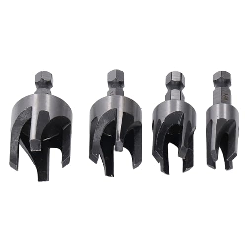 TOPINCN Tapered Plug Cutter Set Effortless Operation with 1/4in Hex Shank Imperial Taper for Woodworking, Wear Resistant Carbon Steel Construction, 4 Pack for Smooth Joints
