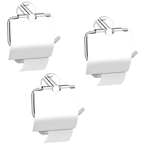 Image of Force Toilet Paper Roll Holder with Shelf - Pack of 3 - Wall Mounted Chrome Finish - Stainless Steel 304 with Brass Base - Rustproof Bathroom Tissue Holder - Modern & Durable Design