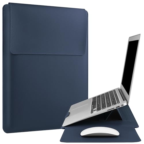 LIUDENWIN 15 16 Inch Laptop Sleeve Case Compatible with Mac Book Pro 16 2021 & 2019/15.4'' Mac Book Pro 15 Waterproof Leather Adjustable Stand More 15''-16'' HP ASUS Acer Surface,Sleeve Pouch,Blue