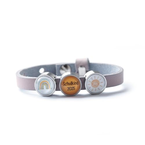 Personalisierbares Lederarmband zur Einschulung – Schieber mit Namen, Datum oder Motiv – Geschenk zum Schulanfang für Schulkind – Armband aus hochwertigem Leder & Edelstahl