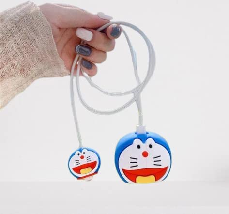Meyaar Silicone Protective Case for Apple 20W & 18W iPhone USB-C Power Adapter Charger and for USB Lightning Cable, 3D Cartoon Case for iPhone Charger 18W/20W Only (Dore.mon (Blue))