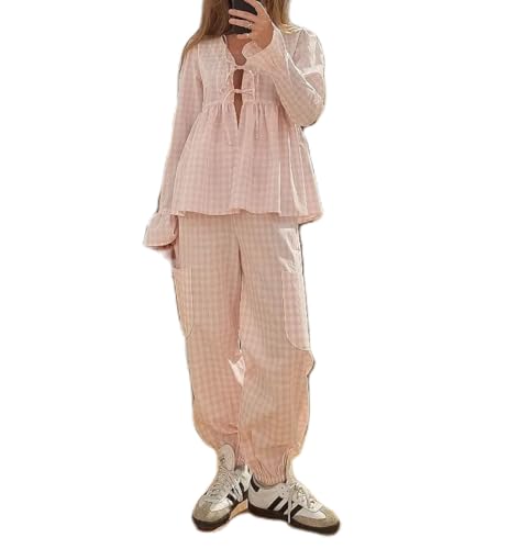 Image of Argeousgor Women Plaid 2 Piece Pajama Set Button Down Puff Sleeve Babydoll Shirt Gingham Pants Pj Lounge Set Sleepwear