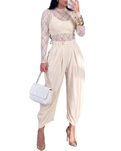 Women's 3 Piece Outfit Lace Cover Up Cami Tank Palazzo