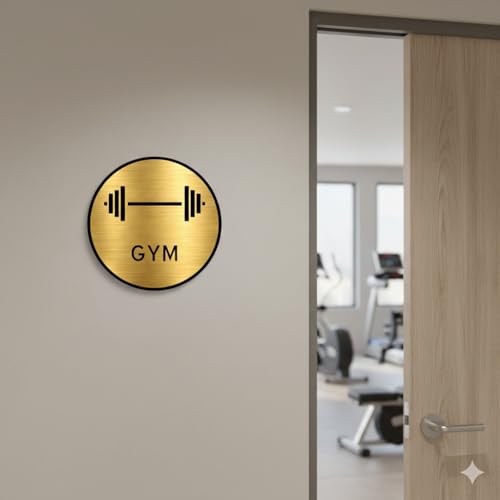Image of Premium Brush Gold Finish Acrylic Gym Sign Easy to Mount Double Side Tape 5.8 Inch Signage Self-Adhesive for Clubhouse Gym Resort Hotel Fitness House Society