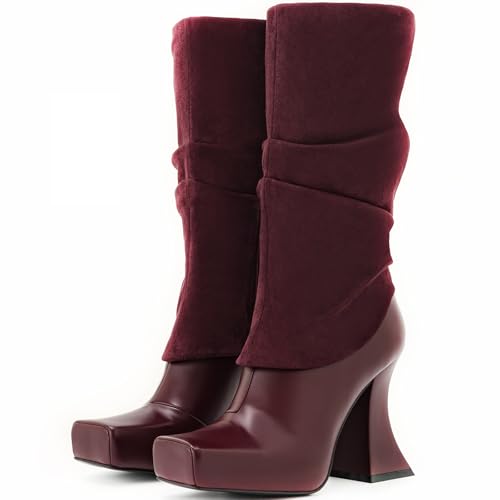 Women's Platform Mid Calf Boots High Chunky Heel Square Toe Fold Over Boots with Side Zipper Dress Shoes