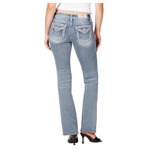 Miss Me Women's Diamond Stitched Faux Flap Pockets Mid-Rise 34" Inseam Bootcut Jeans (Medium Blue, 26)