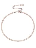 FOCALOOK Rose Gold Plated Flat Snake Chain Necklace Herringbone Necklace Pink Choker Necklaces for Women 3MM(W) 15+3.5'(L)