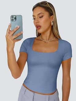 Trendy Queen Short Sleeve Shirts for Women Double Lined Square Neck Cute Going Out Crop Tops Spring Summer Teens Basic Tees