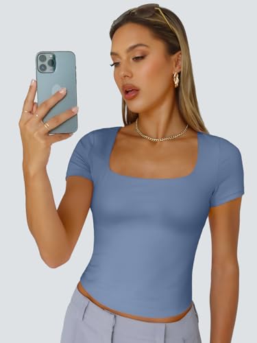 Trendy Queen Short Sleeve Shirts for Women Double Lined Square Neck Cute Going Out Crop Tops Spring Summer Teens Basic Tees