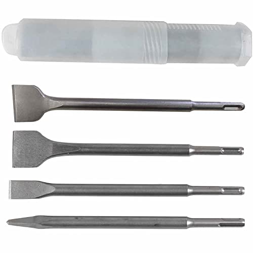 SDS Plus Meißel Set, 4-teiliges Meißelset mit Spitzmeißel und 3 Flachmeißeln, Premium Werkstoffqualität, verpackt in einer Kunstoff Drehbox (4er Set) Cover
