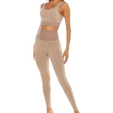 ISOLAY Leopard Print Workout Sets for Women 2 Piece Workout Outfits Casual Seamless Sports Bra High Waist Yoga Leggings Set (L,Coffee,US,Alpha,Large,Regular,Regular) Cover