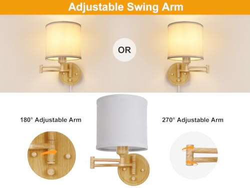 Image of GOODATE Plug in Wall Sconces with Remote Control, Dimming & Adjustable Colors 2700K-6500K, Hardwire or Plug-in, Swing Arm Wall Lamp, Wall Sconces Set of Two, White Fabric Shade, Oak Finish