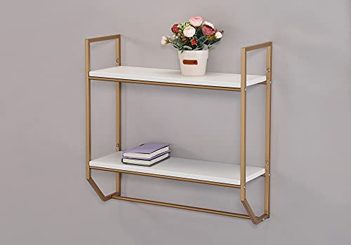 Raamzo 2-Tier Metal Industrial 23.7" Wide Bathroom Shelves Wall Mounted, Wall Shelf Over Toilet, Towel Rack With Towel Bar, Utility Storage Shelf Rack In White Finish And Gold Frame #TOP30