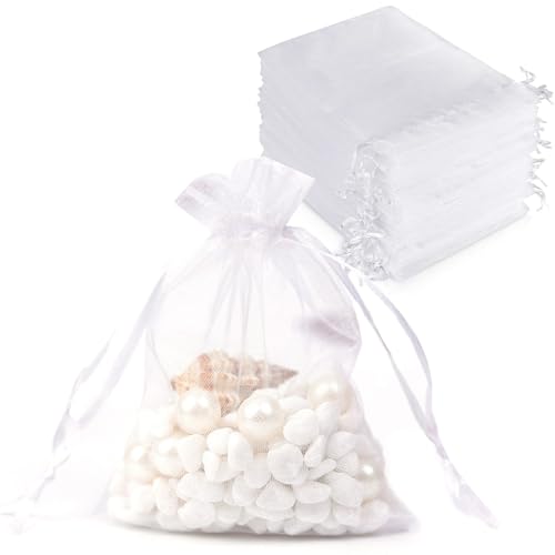 100PCS Sheer Organza Bags With Drawstring for Wedding Favor, Party, Favor Jewelry, Candy, Birthday, Christmas, Festival, Soaps, Makeup,Wrapping Supplies, 4.72 x 4 Inch Small Mesh multi-purpose Gift Bags White