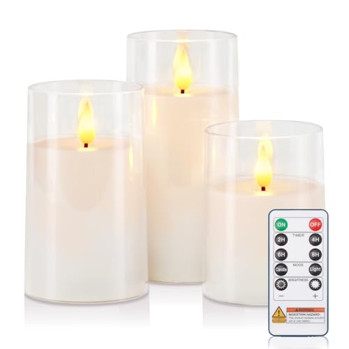 Image of Raycare Battery Operated Flameless Pillar Candles with Remote Timer, White | LED Acrylic Festive Ambience Candle with Realistic Glow for Christmas, Weddings, Mantels, Home Decor, Gift Ideas, Set of 3
