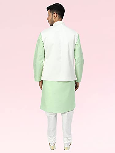 Image of Uri and MacKenzie Men's Silk Blend Regular Kurta Churidar Pyjama with Bundi Nehru Jacket /Waistcoat