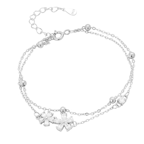 Hmzidz Bracelet Diamant Argent Femme 925 Massif,Double Couche Bracelet Chaine Fille avec Boule,Bracelet Breloque en Nœud/Météore/Fleurs,Bijoux Bracelet Jonc...