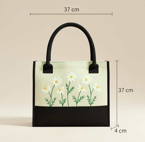 Image of Cotton Tote Bag For Woman Stylish | Embroidered Canvas Hand Bag With Floral Design | Casual Shoulder Bag Zipper For College Girls, Office, Daily Use, Travel, Beach, Shopping