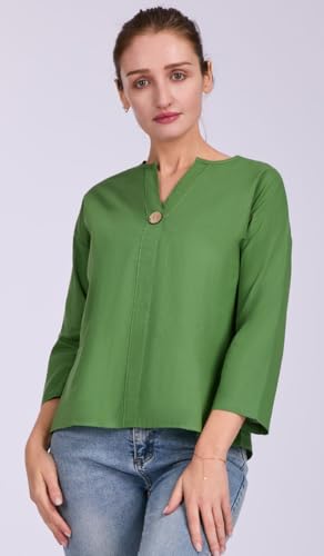 Women's V-Neck Cotton Linen Shirt Top 3/4 Roll-Up Sleeve Summer Casual Loose Solid Blouses Tunic Tops with Button3